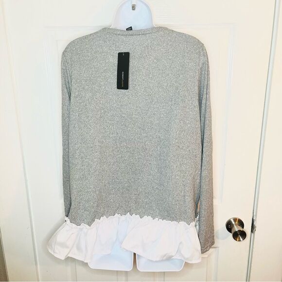 Robert Louis Soft Long Sleeve Asymmetrical Ruffle Hem Top Gray White L NWT - Picture 9 of 11